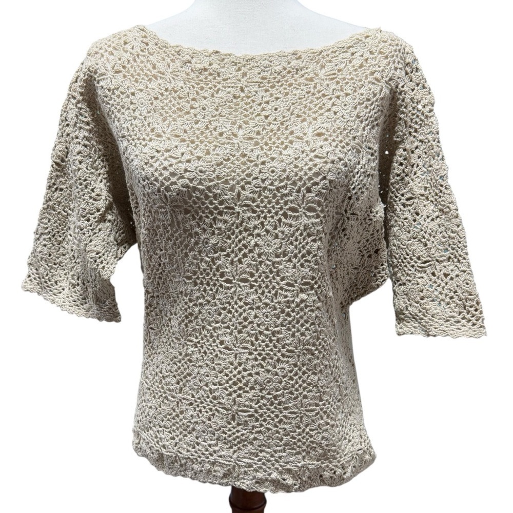R&K Originals 70s Crochet Top Size 8 Medium Beige Vintage Floral Dolman Sleeve
